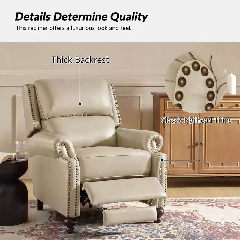 Ensemble de 2 fauteuils inclinables modernes en cuir véritable Elisabete avec garniture cloutée vintage pour salon et chambre à coucher | ART OF LIVING DESIGNS