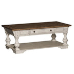 Table basse Morgan Creek blanc antique, avec accents tabac brossé.