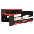 Lit de repos Gamer Hub avec bureau, lumières RGB, station de recharge, tiroirs de rangement et tête de lit bibliothèque