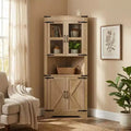 Meuble d'angle haut de 175 cm, Meuble de rangement d'angle style ferme, Rangement peu encombrant, Porte vitrée, Étagères réglables, pour Salon, Cuisine