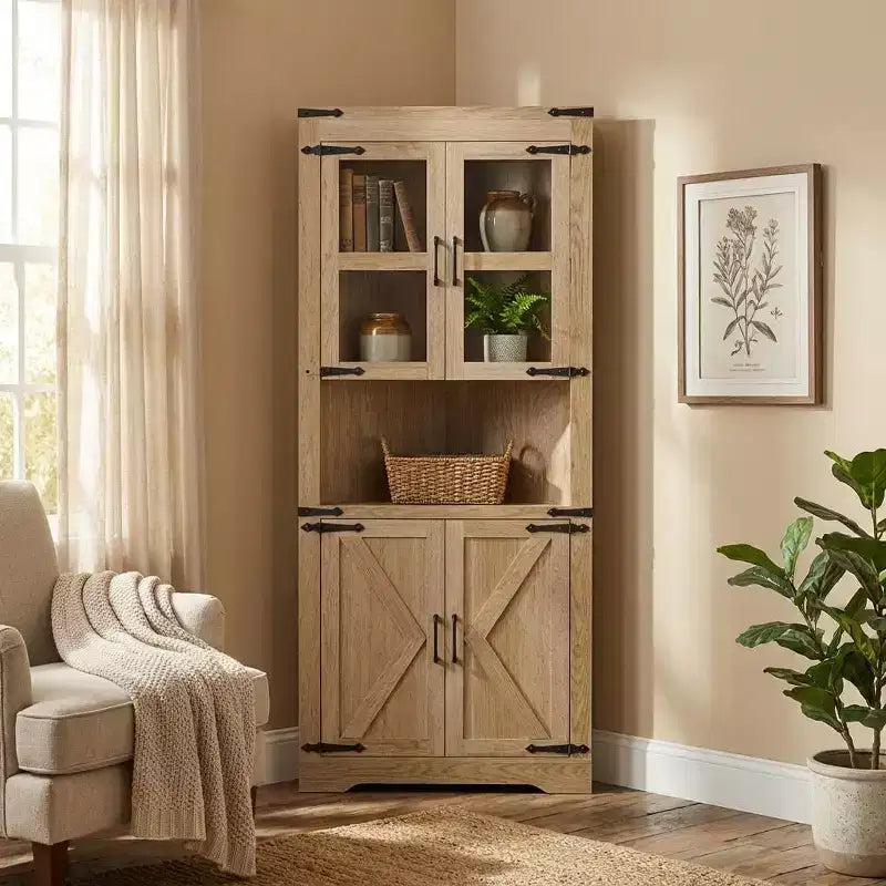 Meuble d'angle haut de 175 cm, Meuble de rangement d'angle style ferme, Rangement peu encombrant, Porte vitrée, Étagères réglables, pour Salon, Cuisine