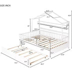 Acekool Lit cabane grandeur nature avec lit gigogne double, tiroirs de rangement et étagères, toit et clôture, lit plateforme pour enfants, blanc