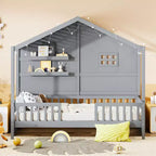 Lit cabane double avec étagères de rangement et barrières, cadre de lit Montessori en bois pour enfants avec fenêtre et bande lumineuse scintillante