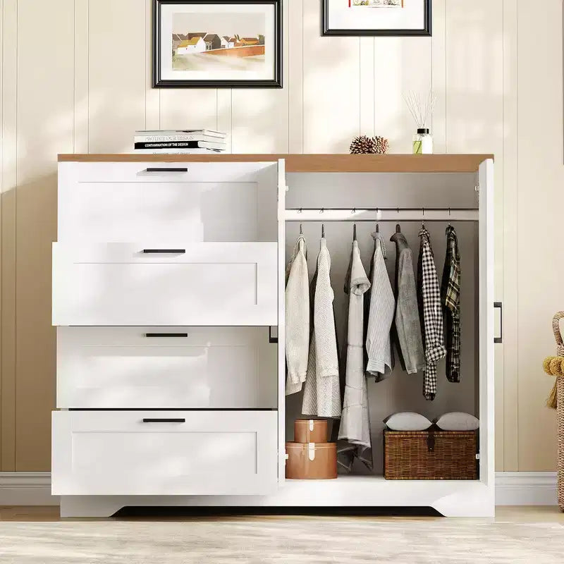 Armoire de chambre en bois de 110 cm (43,3 po) avec 4 tiroirs et tringle à vêtements, commode de rangement multifonctionnelle pour vêtements