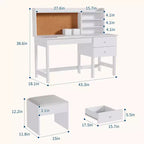 Ensemble bureau et chaise pour enfants, table d'étude en bois avec plateau inclinable réglable, tiroirs et tableau en liège - Ensemble de bureau scolaire pour enfants