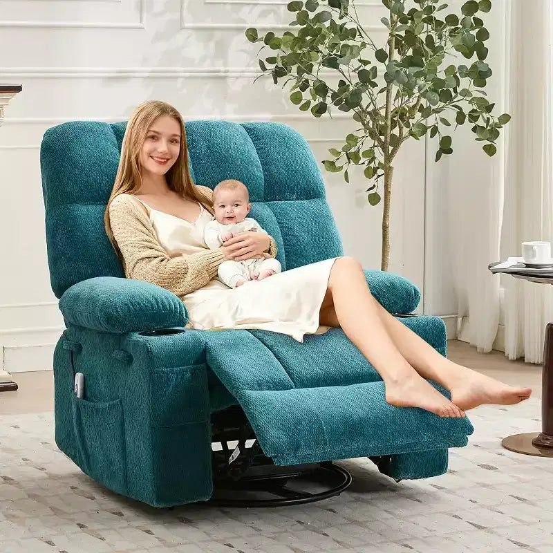 Fauteuil inclinable surdimensionné pour adultes, canapé berçant pivotant manuel, poches latérales et porte-gobelets pour personnes fortes et de grande taille, salon