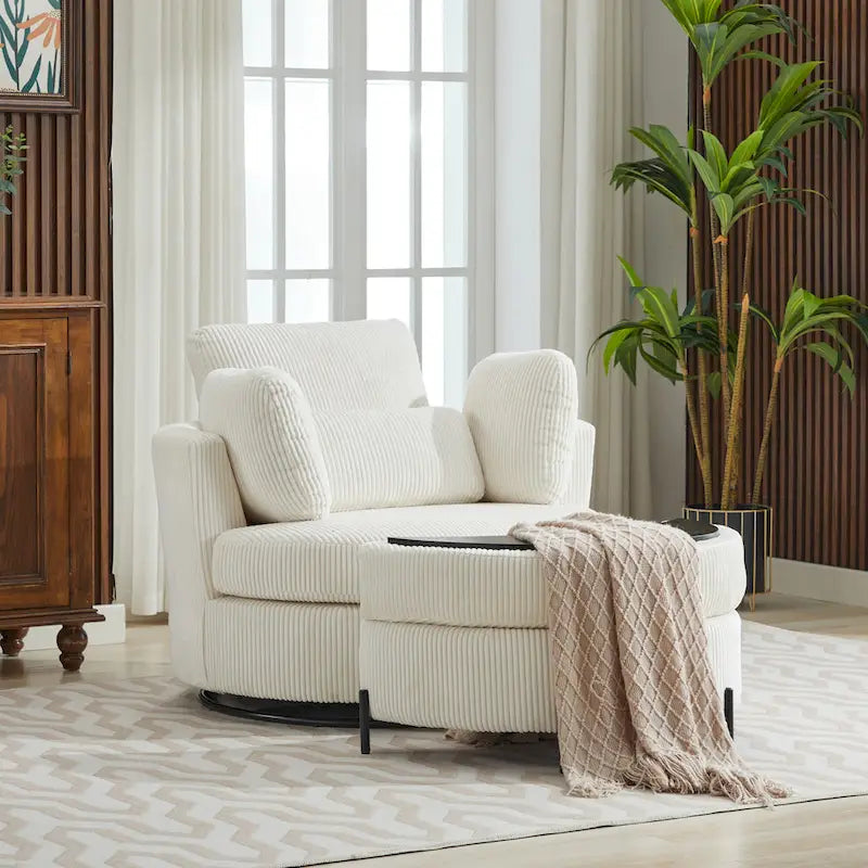 Fauteuil d'appoint pivotant rembourré 42,3 W avec 4 oreillers et pouf de rangement demi-lune