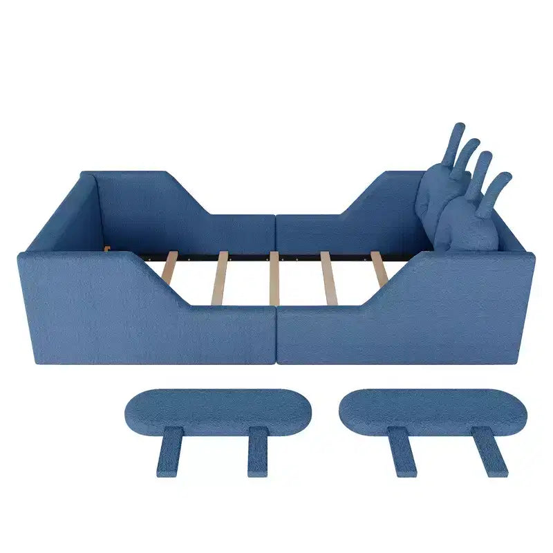 Lit plateforme double Whisen, cadre de lit rembourré pour enfants avec coussin lapin, barrières latérales amovibles