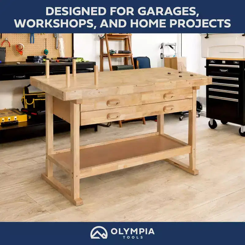 Établi en bois d'hévéa Olympia Tools 60, 4 tiroirs, capacité de 204 kg
