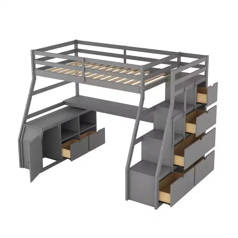 Lit mezzanine simple avec 7 tiroirs, 2 étagères, armoire et bureau pour enfants et adolescents