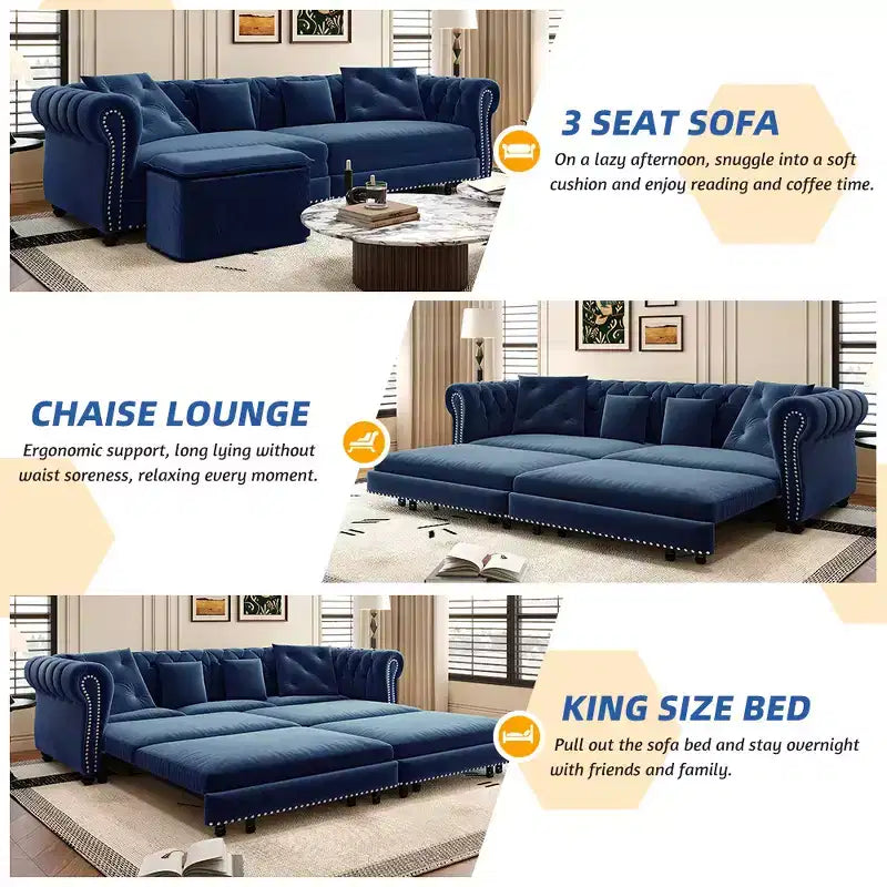 Canapé-lit gigogne 3-en-1 King Size Whisen Velvet et canapé convertible avec pouf mobile, design capitonné