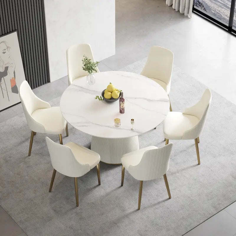 Table à manger ronde de 53 pouces pour 6 personnes avec plateau en pierre frittée et plateau tournant (Lazy Susan)
