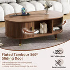 CLIHOME Meuble TV et table basse de ferme en bois avec station de recharge, console multimédia ovale cannelée pour TV jusqu'à 80 pouces