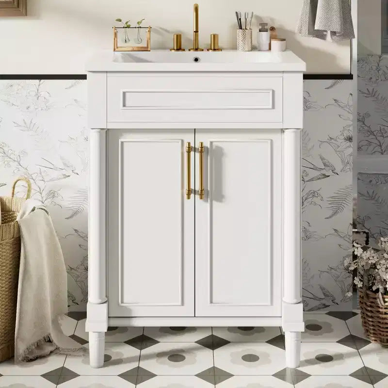 Meuble-lavabo de 24 po avec évier en céramique, armoire Shaker, 2 portes à fermeture amortie, cadre en bois massif pour petite salle de bain ou salle d'eau