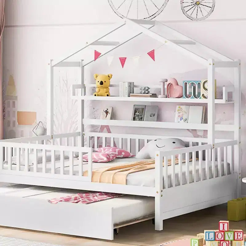 Acekool Lit cabane grandeur nature avec lit gigogne double, tiroirs de rangement et étagères, toit et clôture, lit plateforme pour enfants, blanc