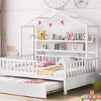 Acekool Lit cabane grandeur nature avec lit gigogne double, tiroirs de rangement et étagères, toit et clôture, lit plateforme pour enfants, blanc