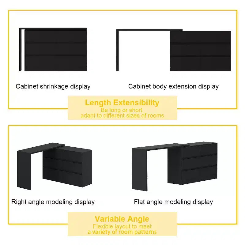 Desserte de buffet intelligente rotative/extensible avec 6 tiroirs, plan de travail étendu, tapis antidérapant, table à manger rotative, îlot de cuisine/garde-manger