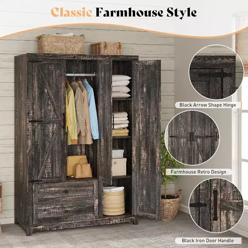 AMERLIFE Armoire de garde-robe de ferme 47 avec 3 portes, 2 tiroirs, tringle à vêtements et étagères réglables, organisateur de placard autoportant