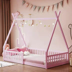 Lit de sol pour enfants, lits cabane doubles, lit de sol Montessori avec lattes et barrières de protection, cadre de lit cabane en bois pour garçons et filles