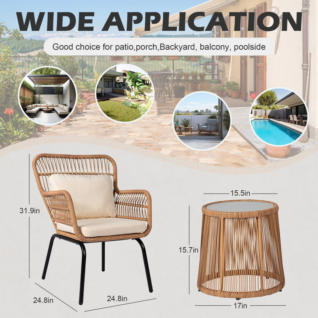 Ensemble bistrot 3 pièces en osier pour conversation, salon de jardin en rotin résistant aux intempéries avec coussins