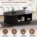 CLIHOME Meuble TV et table basse de ferme en bois avec station de recharge, console multimédia ovale cannelée pour TV jusqu'à 80 pouces