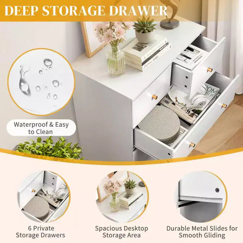 Grande commode à 6 tiroirs Karl Home pour chambre à coucher et commode à tiroirs avec construction robuste en bois, organisateur de rangement pour placard, en blanc