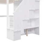 Lit mezzanine une place avec bureau en L, 3 tiroirs, placard, rangements intégrés dans l'escalier, en pin massif/MDF