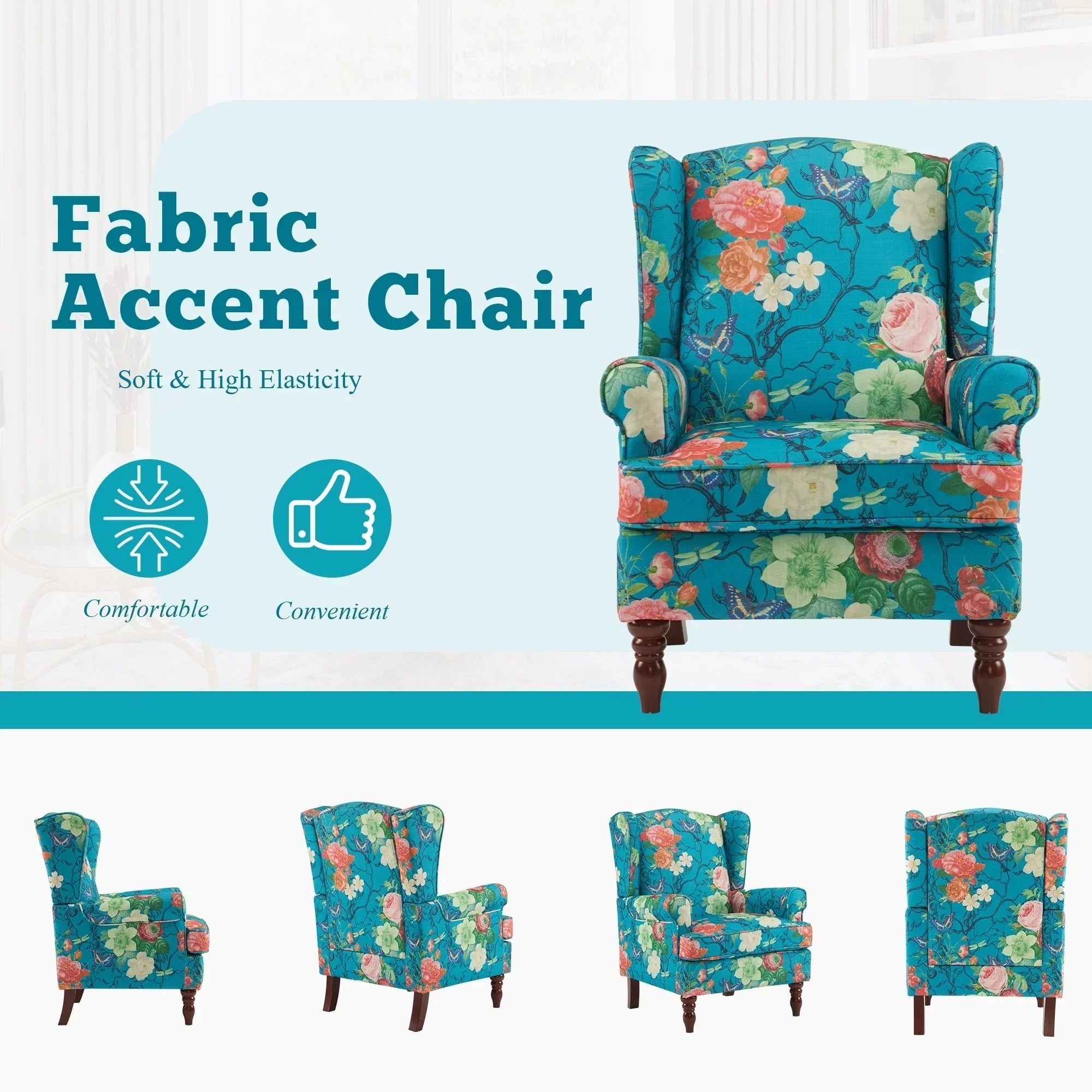 Fauteuil d'appoint moderne Erommy, fauteuil à dossier haut, canapé simple en tissu rembourré avec boutons et pieds en bois pour salon