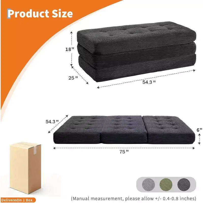 SunnyFurn Matelas pliant triple 6 pouces pour canapé-lit, 75X54.3 Lit d'appoint pliable en mousse avec velours côtelé capitonné, portable pour le camping, le salon, la chambre à coucher
