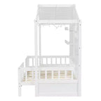 Lit cabane double avec étagères de rangement et barrières, cadre de lit Montessori en bois pour enfants avec fenêtre et bande lumineuse scintillante