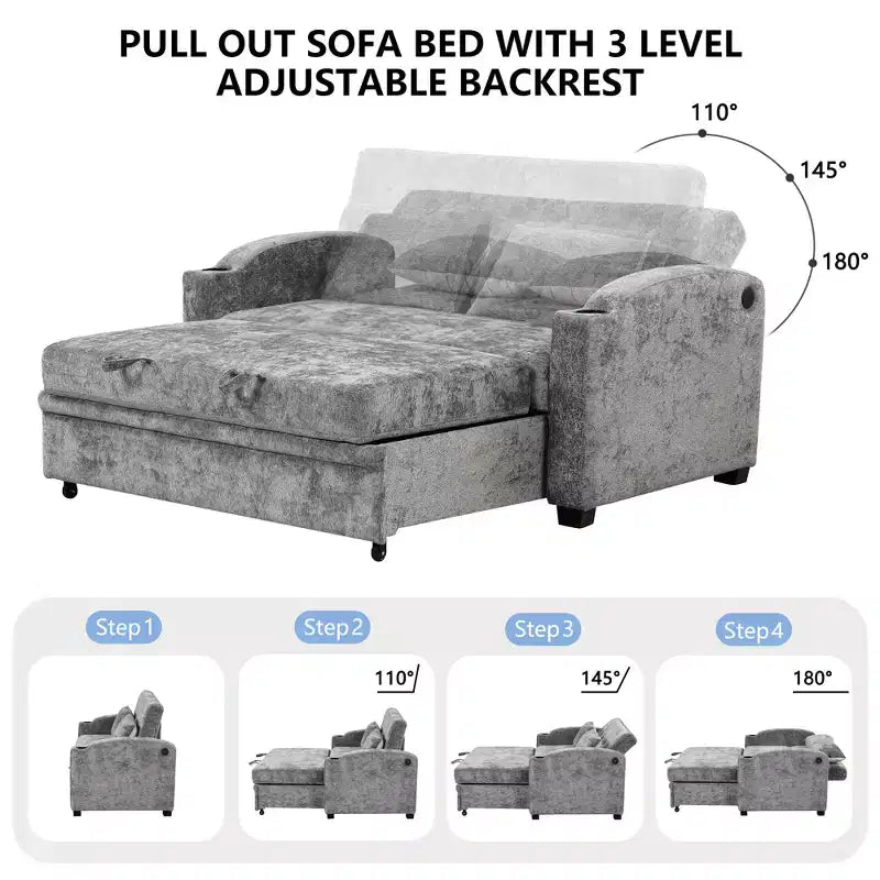 61.6 Canapé-lit convertible moderne en chenille avec ports USB, porte-gobelets et dossier réglable pour salon, appartement