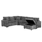 Canapé d'angle en chenille convertible, canapé-lit en forme de L avec pouf de rangement, 3 oreillers et dispositifs de charge
