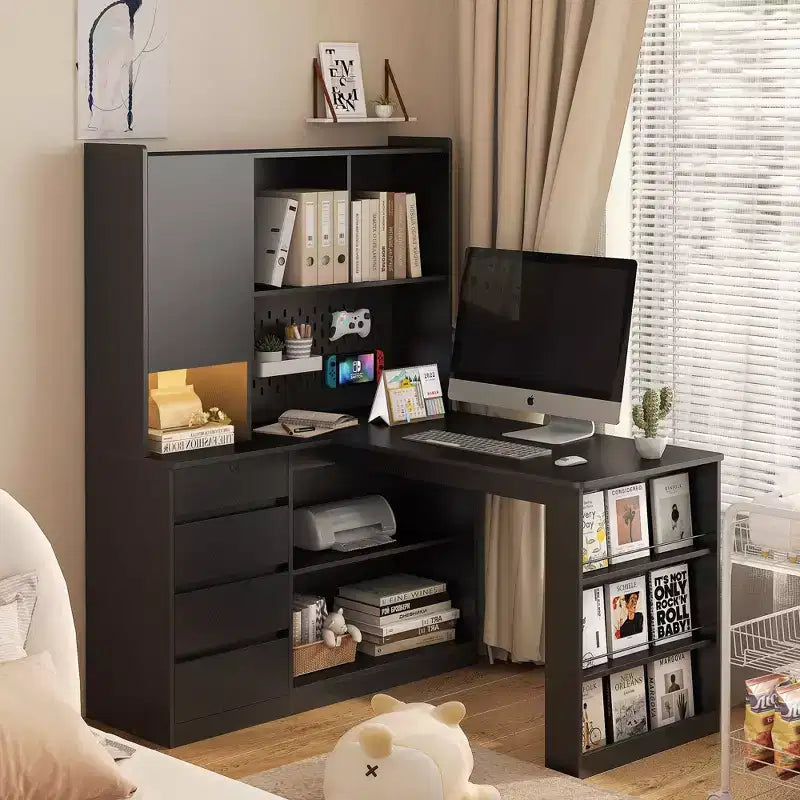Bureau d'angle en L de 46 pouces avec bibliothèque et tiroirs
