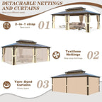 Tonnelle EROMMY à toit rigide, pergola extérieure avec double toit, moustiquaire et rideaux, auvent robuste pour patio, jardin, fête au bord de la piscine