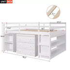 Lit bas mezzanine pleine grandeur avec bureau roulant, 3 tiroirs et étagères
