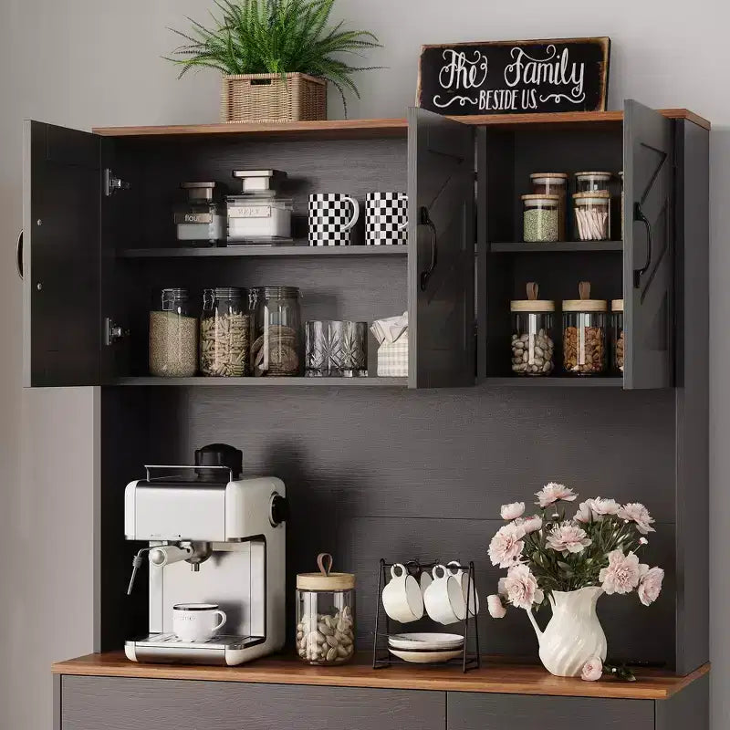 Meuble de cuisine de 71 pouces avec station de recharge, grand plan de travail, support à micro-ondes et 2 tiroirs, rangement de type « hutch » pour salle à manger et salon