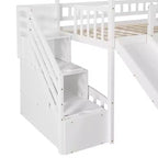 Lit mezzanine jumeau avec toboggan et escalier, lit mezzanine avec tiroirs de rangement, lit mezzanine cabane en bois pour enfants et tout-petits