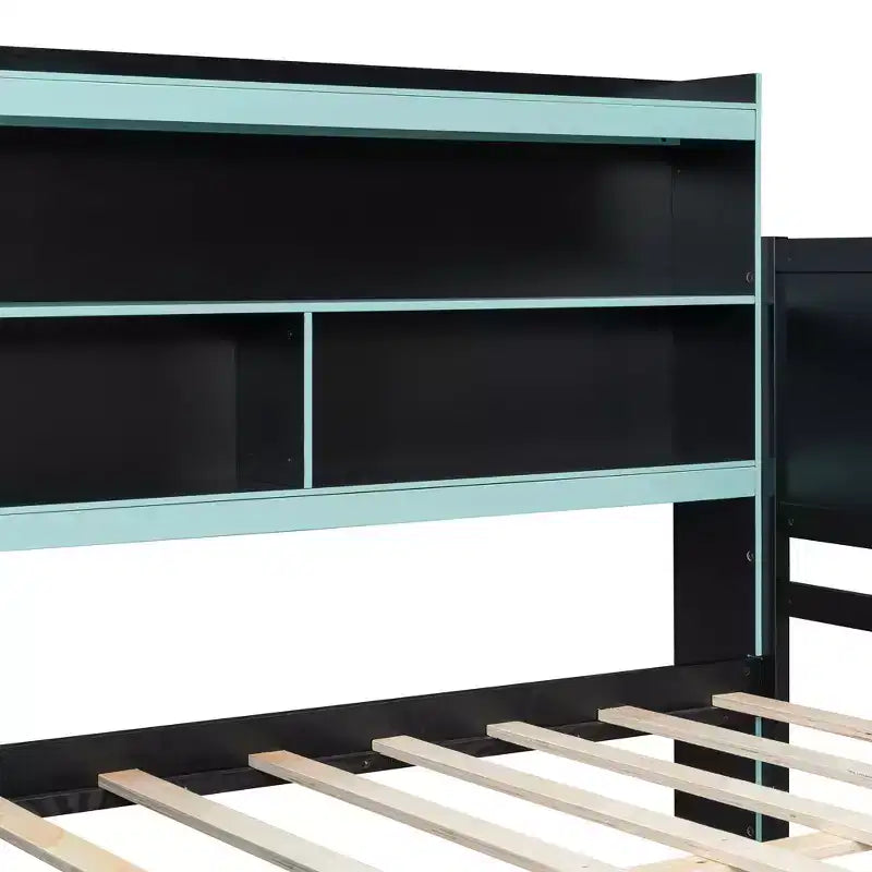 Lit de repos de jeu double/grand avec tête de lit bibliothèque, lumières LED, bureau intégré, tiroirs et station de charge
