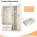 AMERLIFE Armoire de garde-robe de ferme 47 avec 3 portes, 2 tiroirs, tringle à vêtements et étagères réglables, organisateur de placard autoportant