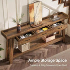 Table de canapé à 2 niveaux Lantine avec 3 tiroirs, console de 180 cm avec chicane surélevée et étagères de rangement pour salon, couloir, entrée