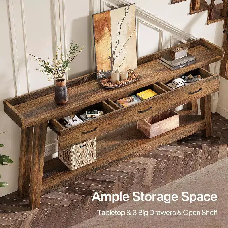 Table de canapé à 2 niveaux Lantine avec 3 tiroirs, console de 180 cm avec chicane surélevée et étagères de rangement pour salon, couloir, entrée