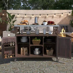 Îlot de cuisine d'extérieur Okak avec plateau en acier inoxydable, chariot de cuisine en bois avec portes, étagères et porte-épices, îlot de cuisine roulant