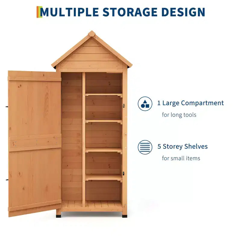Armoire à outils d'extérieur en bois imperméable, avec portes doubles verrouillables, 3 étagères réglables et toit incliné – Rangement peu encombrant pour terrasse, cour ou pelouse