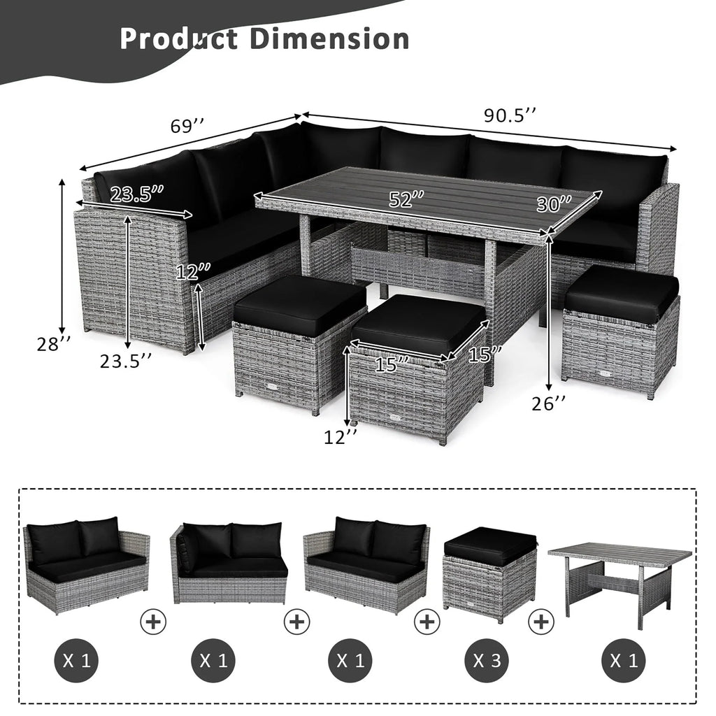 Ensemble de salle à manger Costway 7 pièces en rotin pour terrasse, canapé sectionnel et pouf - Voir détails