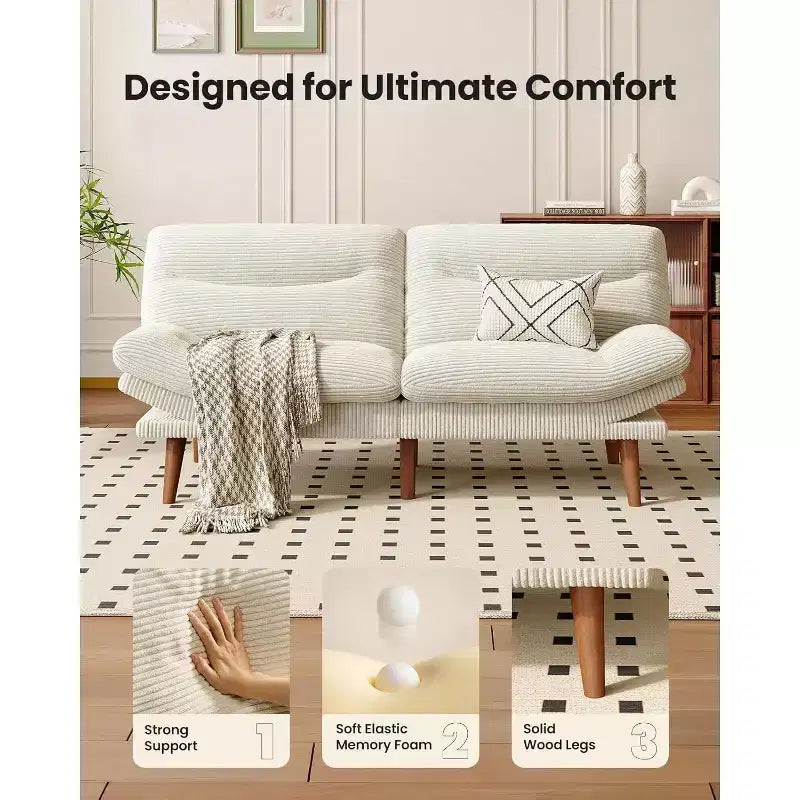 Canapé-lit 168 cm en velours côtelé, avec dossier et accoudoirs réglables, idéal pour les petits espaces, les salons ou les bureaux comme futon.