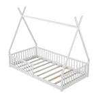 Lit de sol pour enfants, lits cabane doubles, lit de sol Montessori avec lattes et barrières de protection, cadre de lit cabane en bois pour garçons et filles