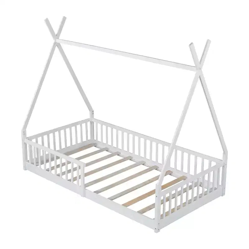 Lit de sol pour enfants, lits cabane doubles, lit de sol Montessori avec lattes et barrières de protection, cadre de lit cabane en bois pour garçons et filles