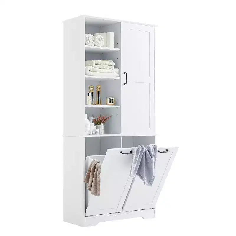 Meuble de rangement de salle de bain avec portes et tiroirs, panier à linge inclinable, plusieurs espaces de rangement, style autoportant