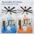 Ventilateur de plafond de 65 pouces à 8 pales noires avec lumière LED et télécommande