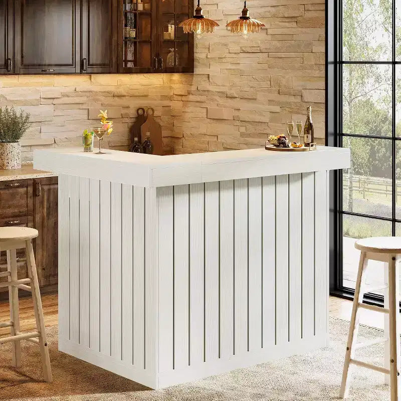 Bar de salon en L Lantine, bar à liqueurs d'angle à 4 niveaux avec étagères de rangement et porte-verres à vin pour pub à domicile